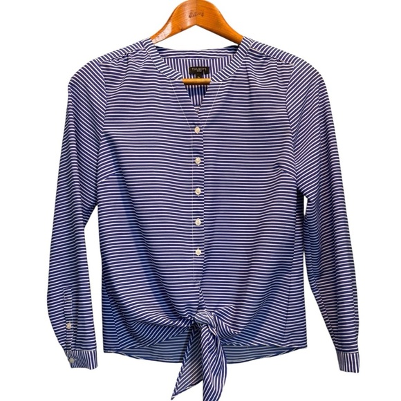 Talbots Blue & White Striped Blouse Size Small P Long Sleeve V Neck Tie Front - Picture 1 of 8